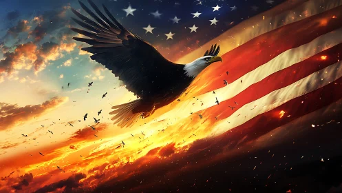 Soaring eagle ignites a blazing sky of American stripes.