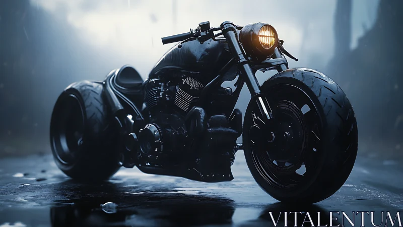 Custom black motorcycle glowing softly in the rainy dusk.