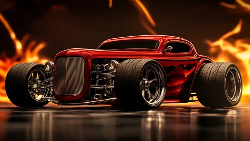 Blazing red hot rod cruising through a glow of molten light.