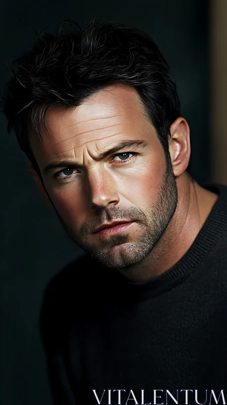 Brooding gaze in dark knit, storm-lit portrait intensity.