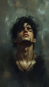 Wounded young man lifts his face to dim, haunting light