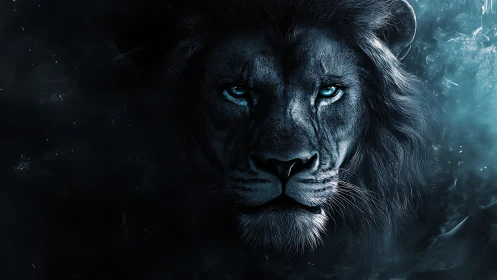 Blue-eyed lion emerges from shadowed cyan mist