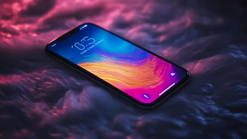 Black Smartphone with Vibrant Gradient Wallpaper Display Against Chromatic Abstract Background.