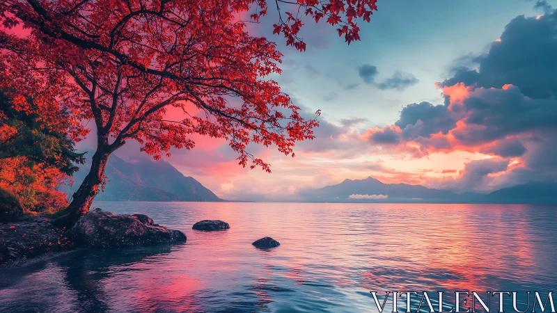 Chromatic shoreline canopy under spectral sunset sky.