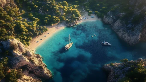 Sunlit turquoise cove with moored sailboat and secluded beach