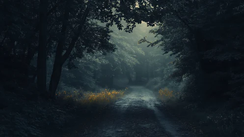 Enchanted Forest Path with Golden Undergrowth and Atmospheric Light.
