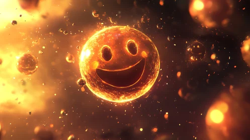 Smiling golden energy orb drifts through glowing cosmic field.