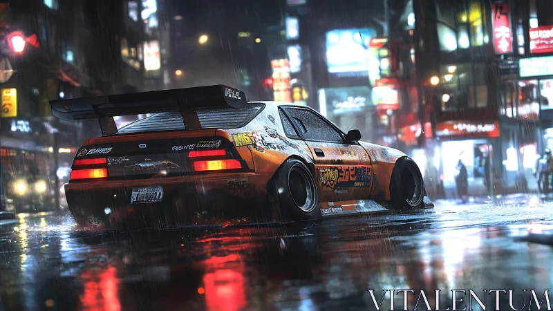 Orange tuner car on wet neon city street at night in rain.
