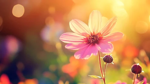 Golden Hour Glow: Pink Cosmos in Warm Sunlight.
