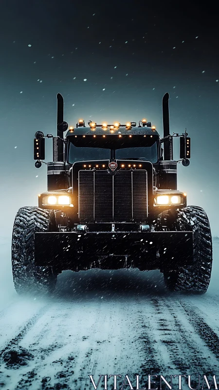 Midnight titan truck storms a blizzard-bitten winter highway.