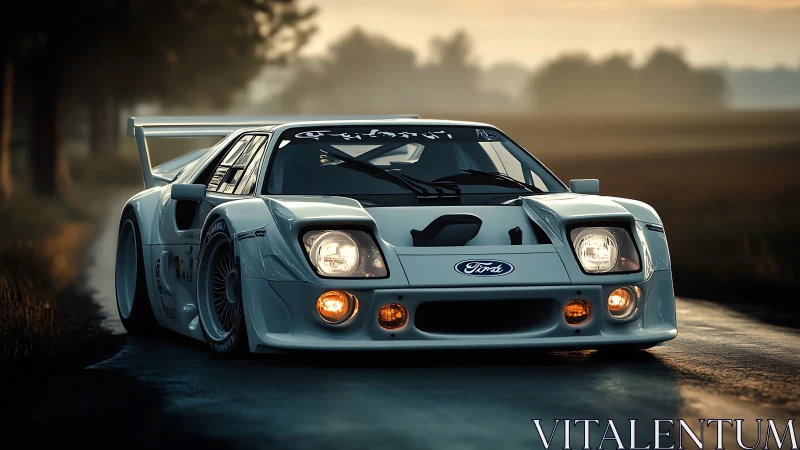 Aerodynamic Ford race coupe on rural asphalt at dusk.