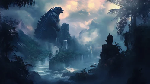 Colossal reptilian titan looming over misty jungle valley.