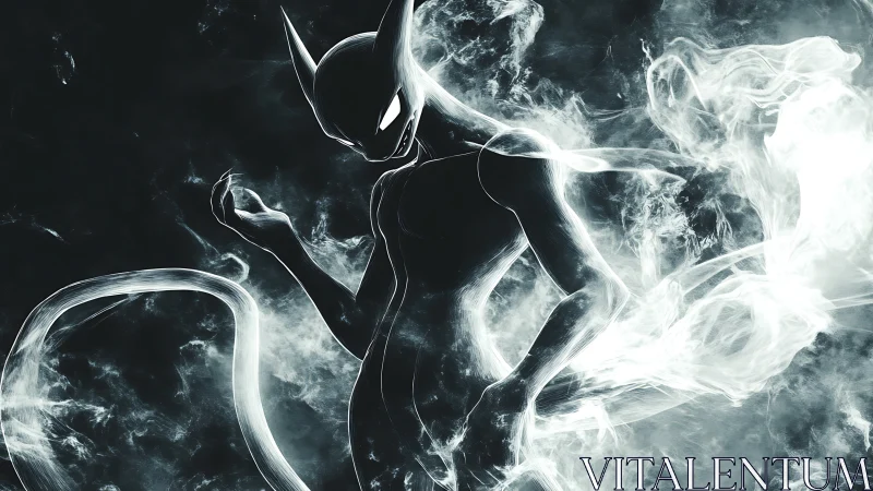 Silhouetted humanoid creature in swirling monochrome vapor.