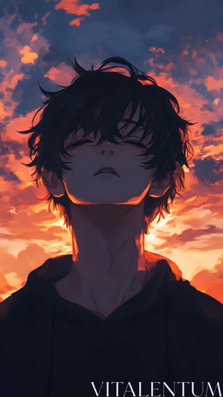 Silhouetted anime boy under vivid orange sunset sky.