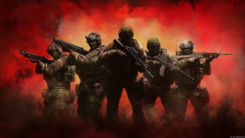 Squad of tactical heroes stepping through scarlet smoke.