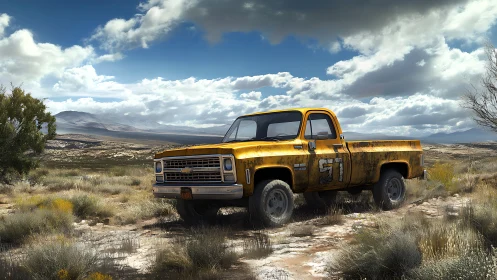 Weathered yellow pickup rests under bright desert sky