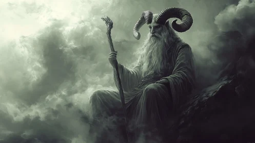 Ancient horned sage rests in swirling stormlit clouds