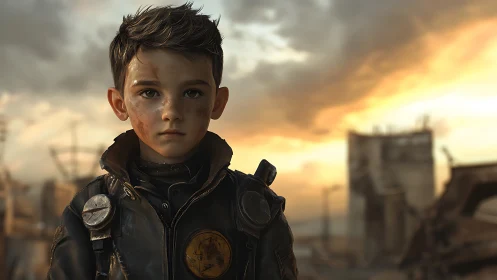 Wasteland survivor boy in ruined city at sunset.