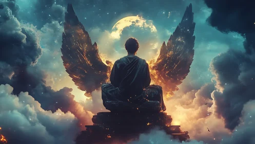 Moonlit winged guardian resting in a dream-bright sky.