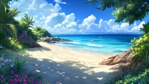 Tropical Beach Cove With Palm Trees and Turquoise Ocean Waters