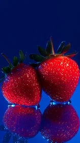 Close-up studio photograph of two strawberries on blue surface.
