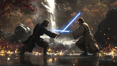 Jedi duel ignites reflective forest stream beneath waterfall