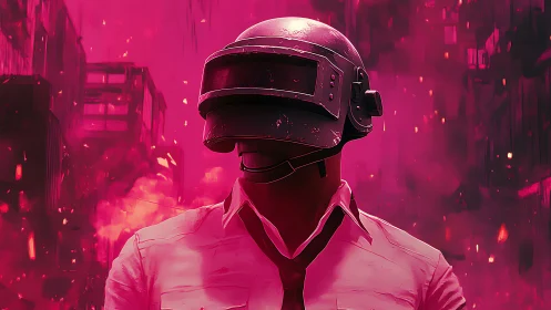 Helmeted urban fighter in neon red digital battlefield scene.