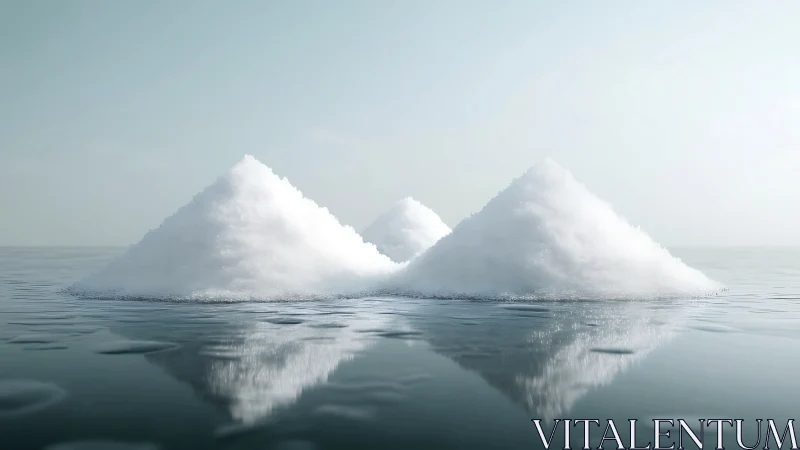 Calm snowlike mounds resting gently on a glassy blue sea.
