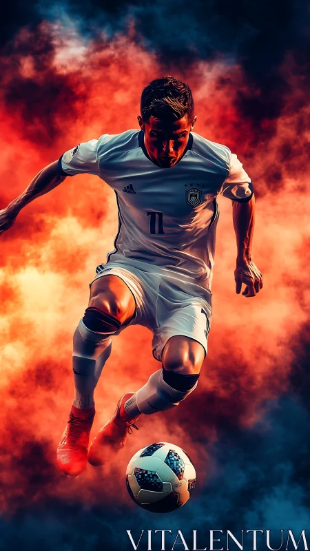 Soccer player sprints through fiery smoke with glowing ball