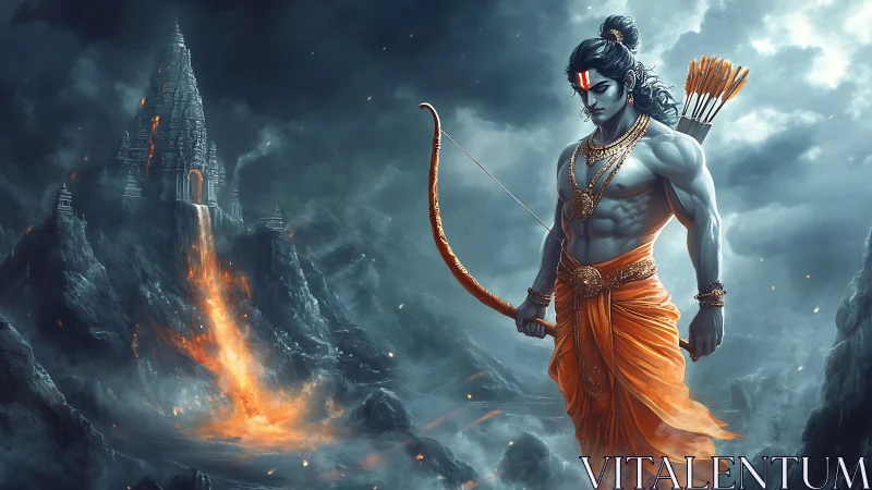 Digital painting of mythic archer amid volcanic temple storm.