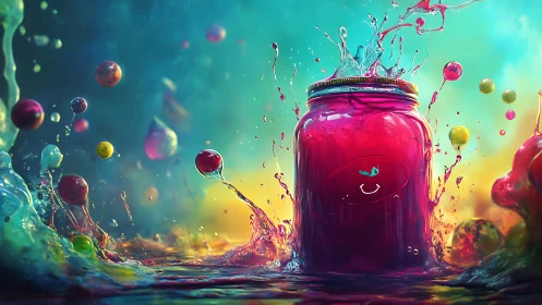 Glass jar of red liquid stands amid suspended liquid splashes