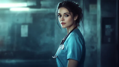 Clinical portrait of nurse in teal scrubs, cool cinematic light.