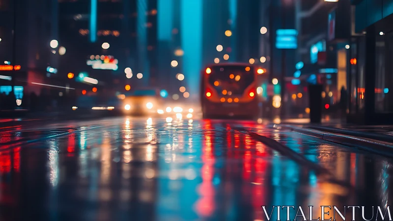 Defocused rainy city street captures bokeh traffic lights and wet reflections
