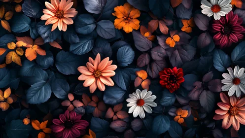 Floral arrangement with contrasting blooms and foliage.