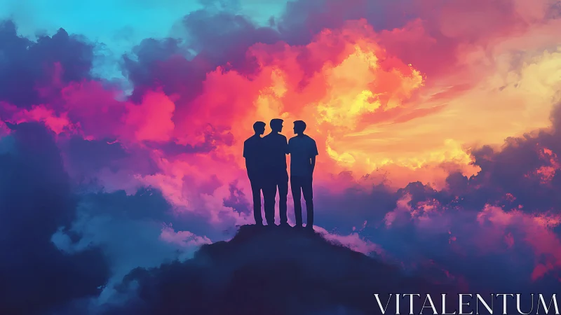 Silhouetted trio atop cloud ridge under iridescent sky.