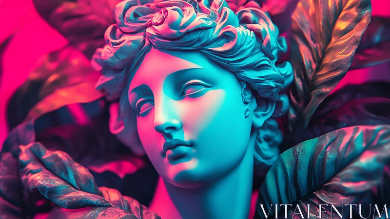 Neon-lit classical bust rendered with saturated dual lighting