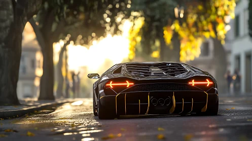 Sleek supercar glows at golden hour on a quiet city street