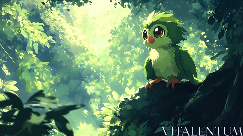Adorable Cartoon Bird in Lush Green Forest, Digital Art Style.