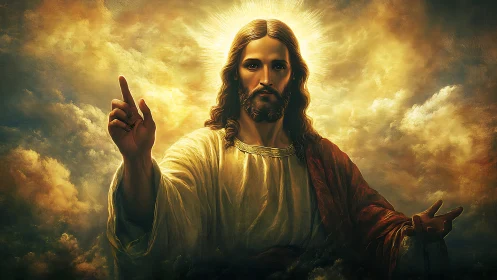 Radiant robed figure with aureole emerging from luminous clouds.