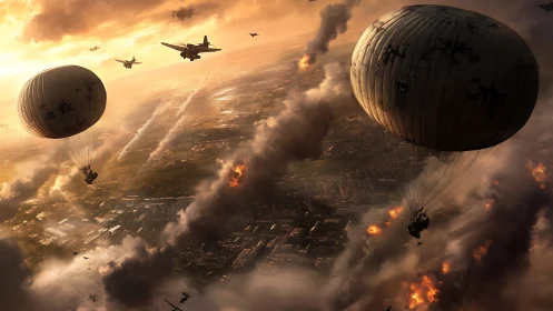 War dirigibles drift through burning aerial battlefield sky