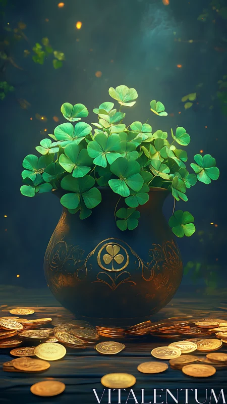 Golden pot of clovers glows softly among scattered coins