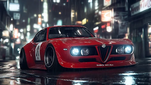 Red Alfa Romeo race car prowls wet neon city streets.