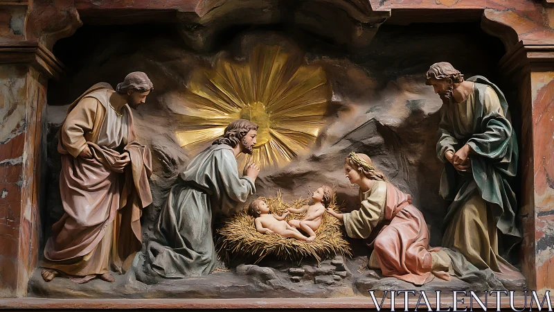 Sacred nativity relief with radiant gold celestial backdrop.