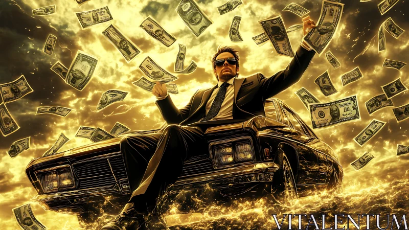 Suited man on classic sedan amid airborne cash in golden storm