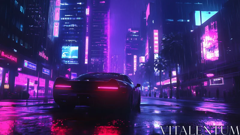 Neon supercar on cyberpunk city street in heavy rain.