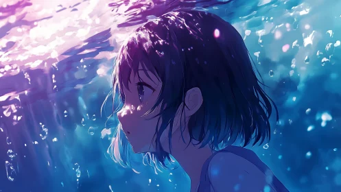 Submerged anime girl rendered in high contrast volumetric lighting