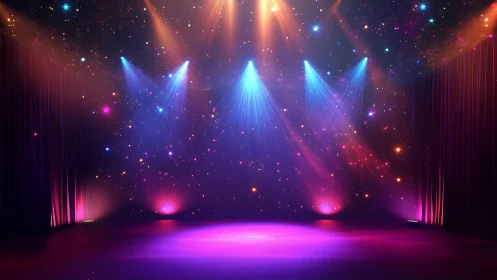 Empty stage glows under colorful spotlights and starry haze