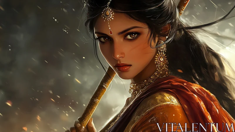 Warrior gaze carves firelight through the stormed dusk air