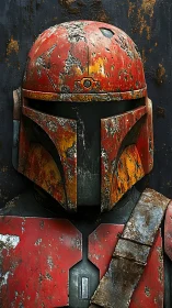 Battle-worn red sci-fi armor with rugged, heroic charm.