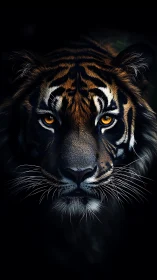 High‑contrast frontal tiger portrait with luminous amber gaze.